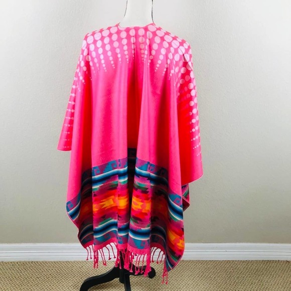 Puerto Rican Wrap Cover Womens OS Pink Colorful Fringe Reversible Vaca Cruise - Picture 3 of 9
